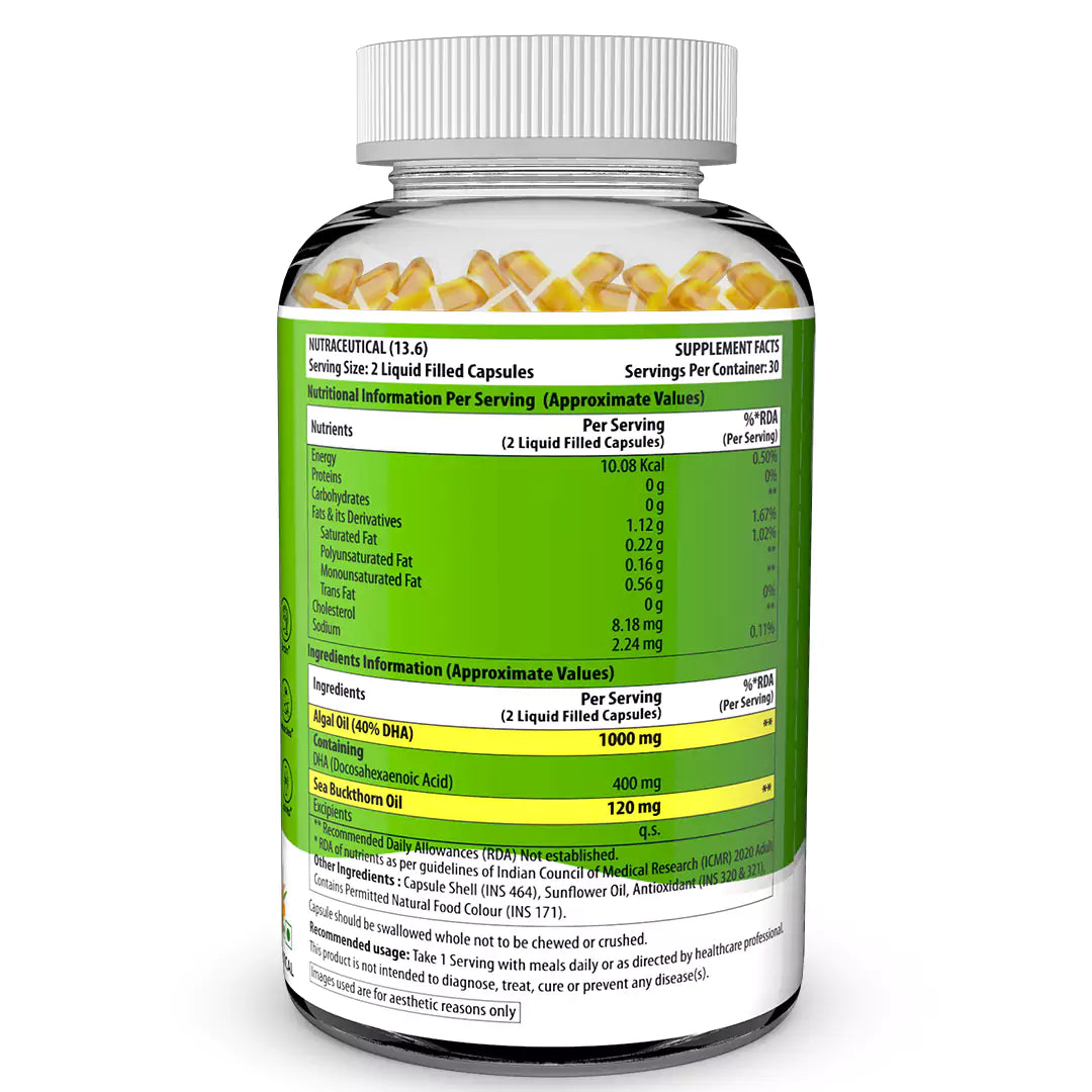 Vegetarian Omega 3 Algae + Sea buckthorn Oil Capsules 1120mg 60 Liquid fill Capsules
