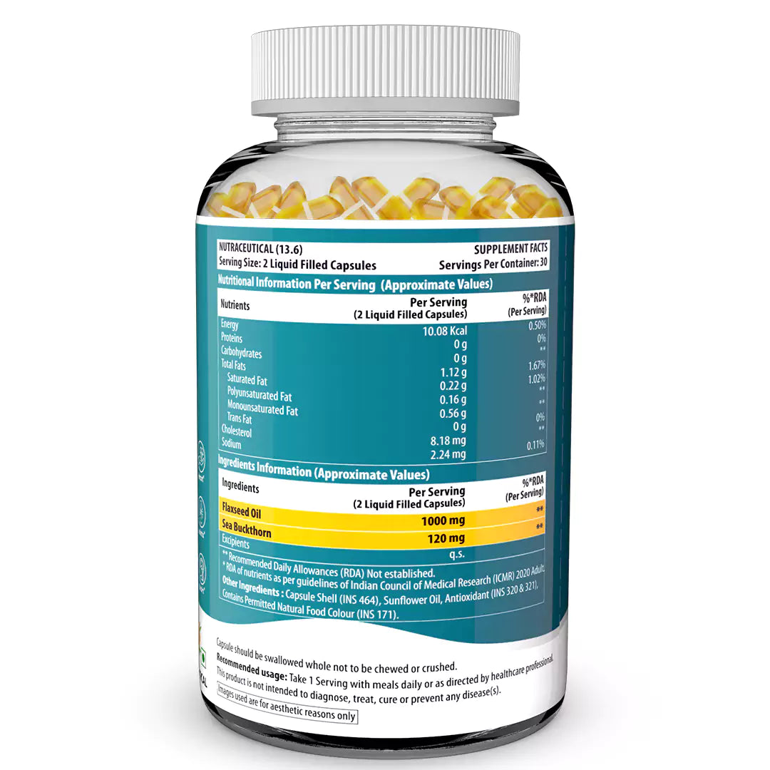 Vegetarian Omega 3 Flaxseed + Sea buckthorn Oil Capsules 1120mg 60 Liquid Fill Capsules