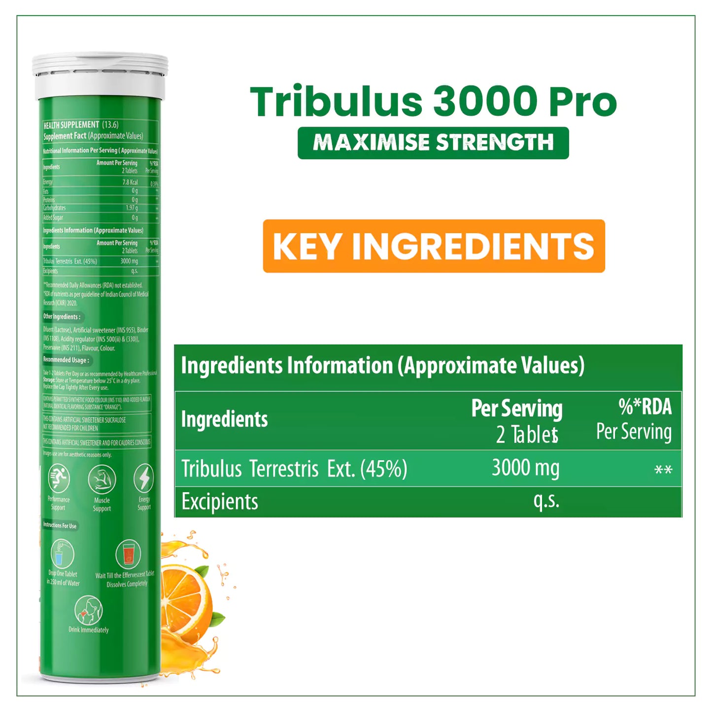 Tribulus Terrestris 3000 Pro Gokshura Effervescent Tablets - 20 Tablets
