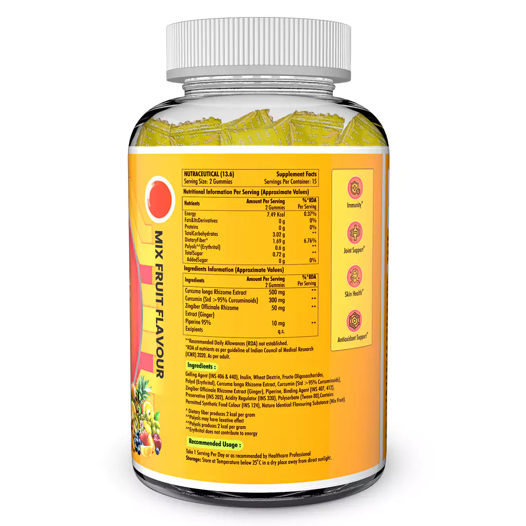 Turmeric + Ginger gummies for Men, Women | Rich in Curcumin for Skin & Immunity (Mix Fruit)