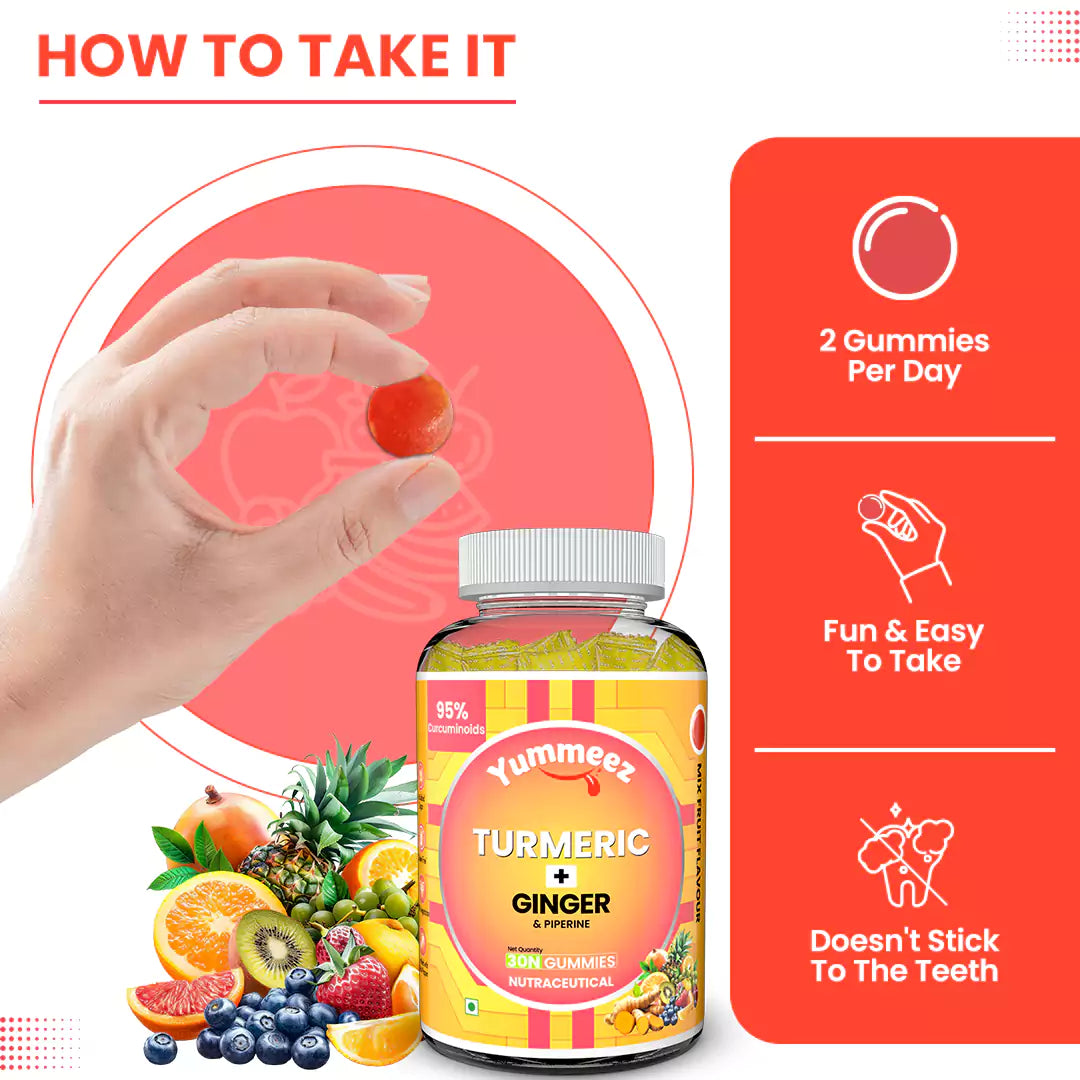 Turmeric + Ginger gummies for Men, Women | Rich in Curcumin for Skin & Immunity (Mix Fruit)