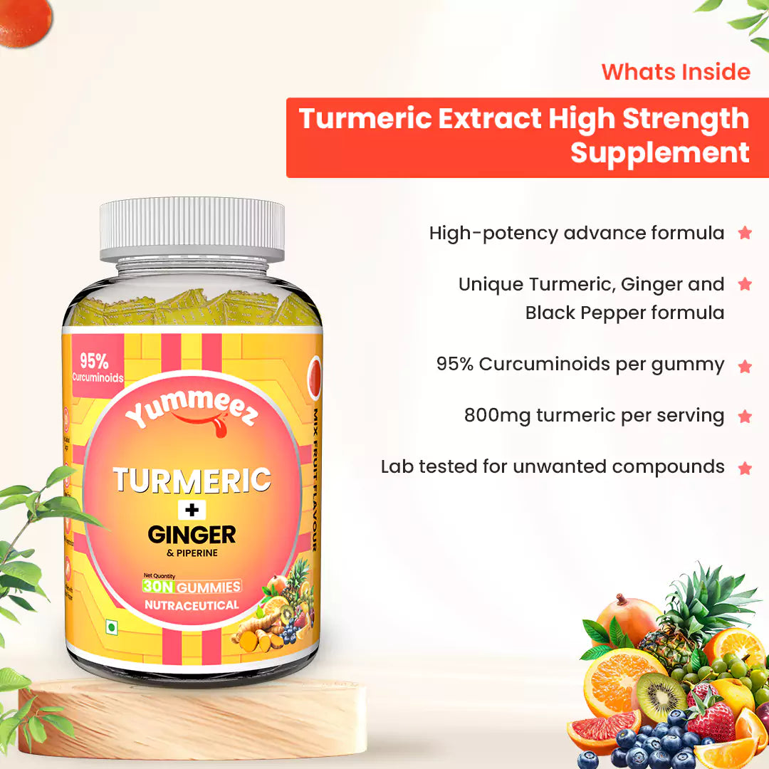 Turmeric + Ginger gummies for Men, Women | Rich in Curcumin for Skin & Immunity (Mix Fruit)