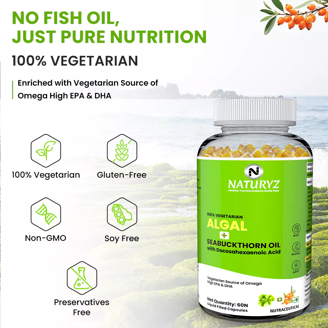 Vegetarian Omega 3 Algae + Sea buckthorn Oil Capsules 1120mg 60 Liquid fill Capsules