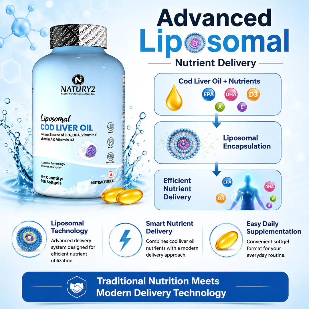 NATURYZ Liposomal Cod Liver Oil with Vitamins A, D3 & E | Daily Nutrition for Men & Women