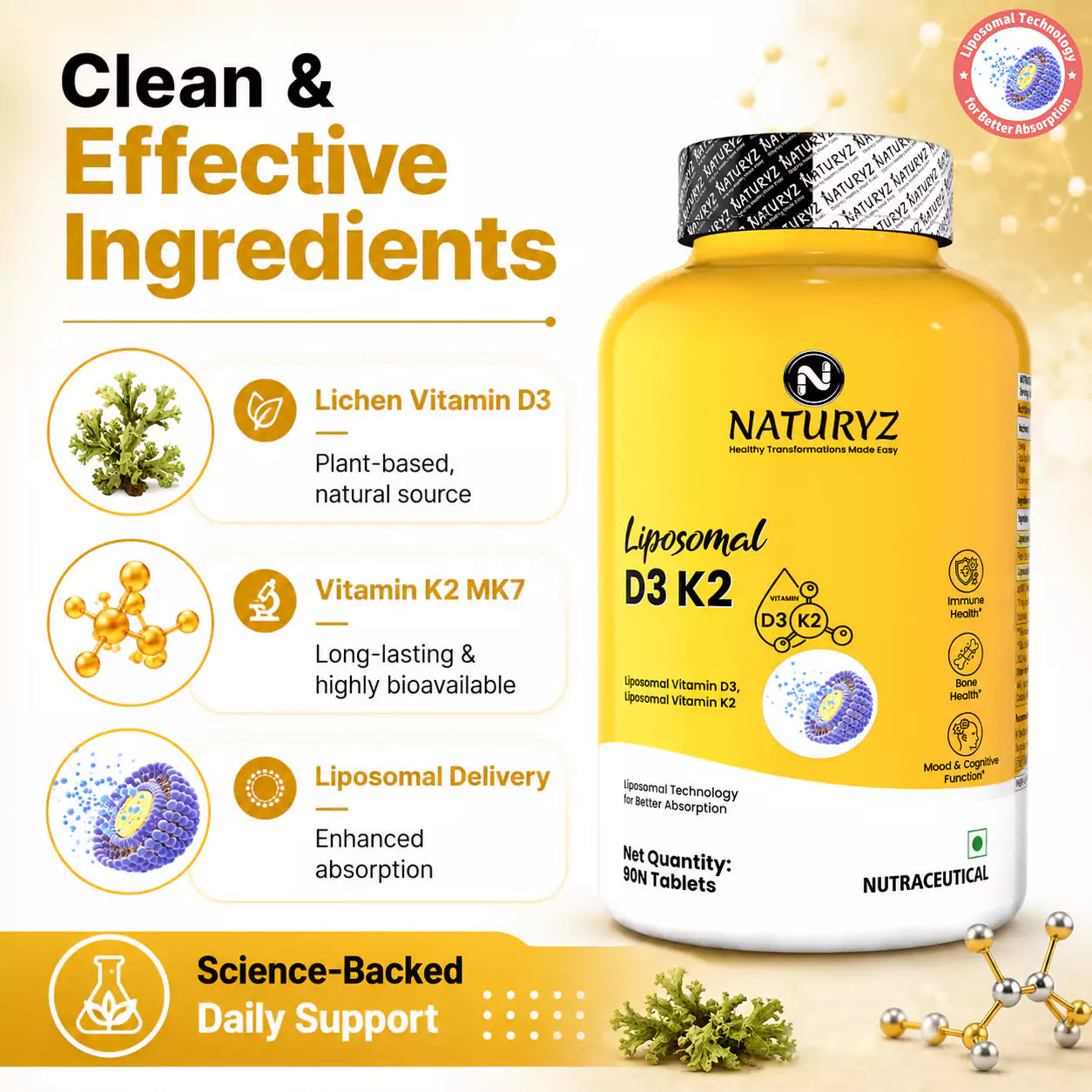 Liposomal Vitamin D3 K2 Supports Stronger Bones, Muscles, Immunity & Calcium Absorption - 90 Tablets