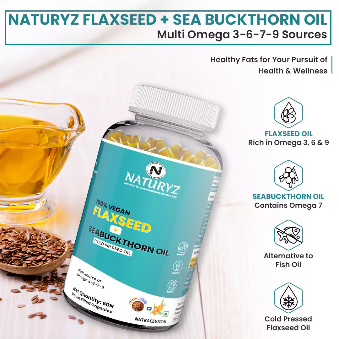 Vegetarian Omega 3 Flaxseed + Sea buckthorn Oil Capsules 1120mg 60 Liquid Fill Capsules