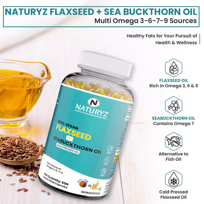 Vegetarian Omega 3 Flaxseed + Sea buckthorn Oil Capsules 1120mg 60 Liquid Fill Capsules