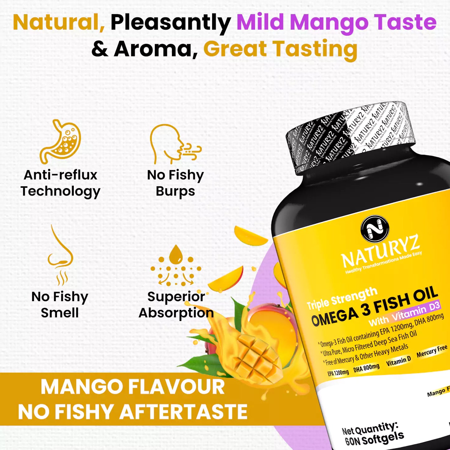 World's First Mango Flavored Triple Omega 3 Fish Oil - 60 Capsules
