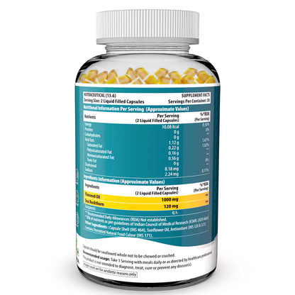 Vegetarian Omega 3 Flaxseed + Sea buckthorn Oil Capsules 1120mg 60 Liquid Fill Capsules