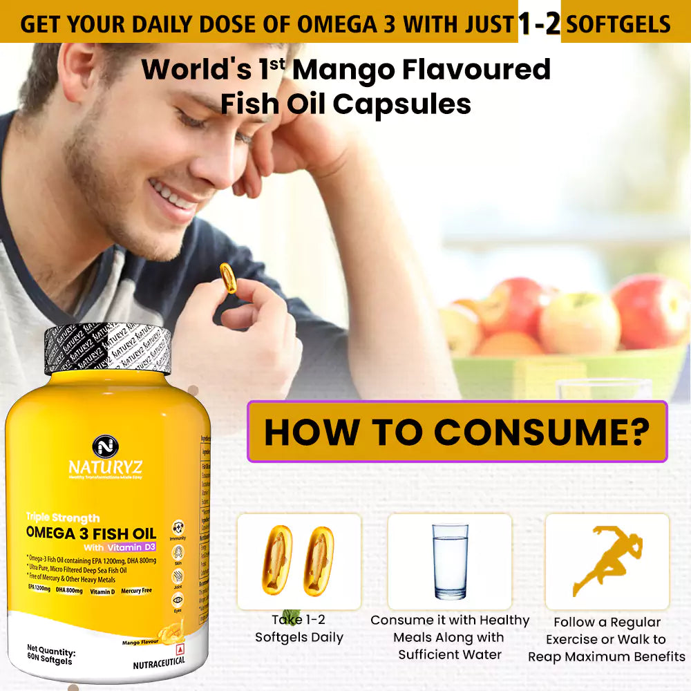World's First Mango Flavored Triple Omega 3 Fish Oil - 60 Capsules