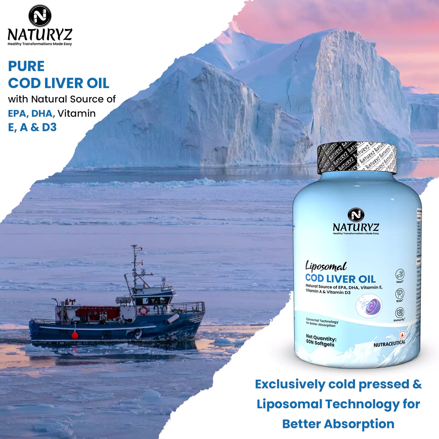 NATURYZ Liposomal Cod Liver Oil with Vitamins A, D3 & E | Daily Nutrition for Men & Women