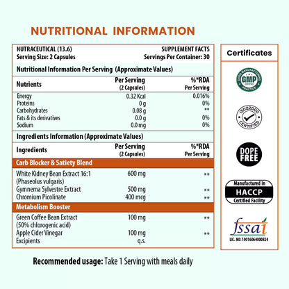 CARB CUTTER ELITE with White Kidney Bean, Gymnema, Chromium, Green Coffee & Apple Cider Vinegar