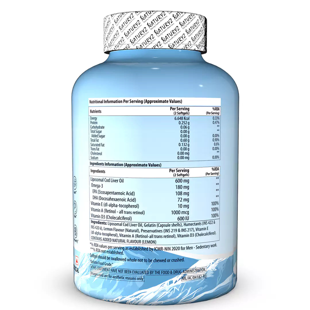 NATURYZ Liposomal Cod Liver Oil with Vitamins A, D3 & E | Daily Nutrition for Men & Women