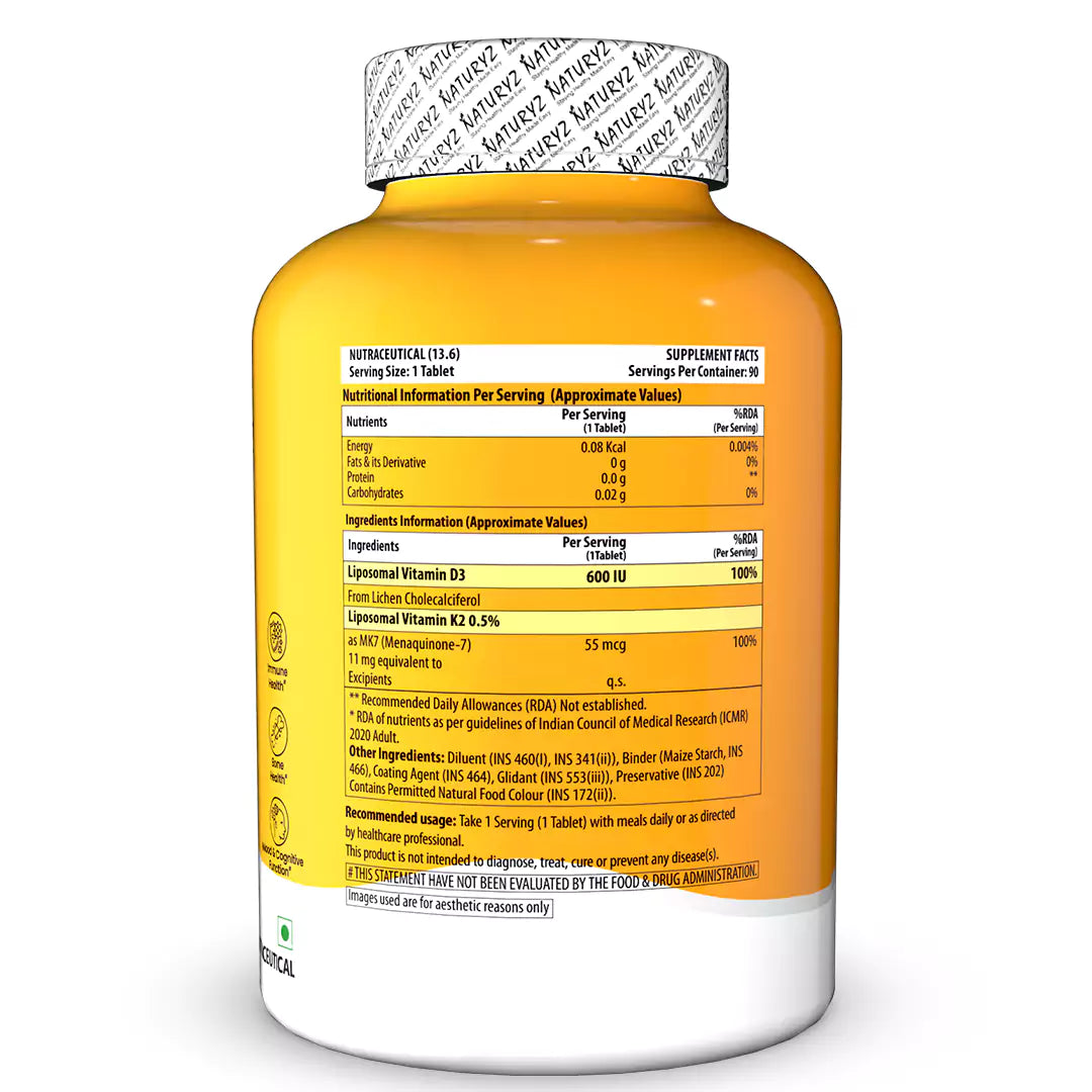 Liposomal Vitamin D3 K2 Supports Stronger Bones, Muscles, Immunity & Calcium Absorption - 90 Tablets