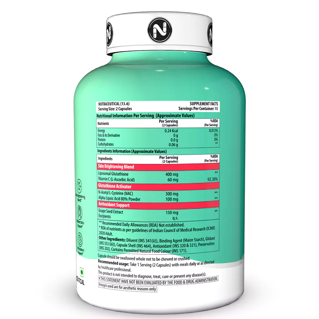 Liposomal Glutathione with Grape Seed Extract | Skin Brightening Supplement with Vitamin C - 30 Capsules