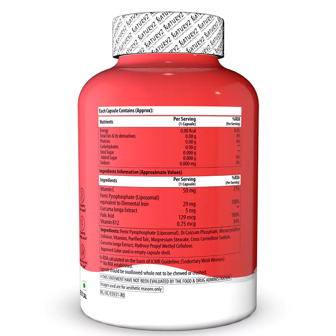 Liposomal Iron Capsules with Folic Acid, Vitamin B12, Vitamin C & Curcuma Longa | Iron Supplement for Men & Women