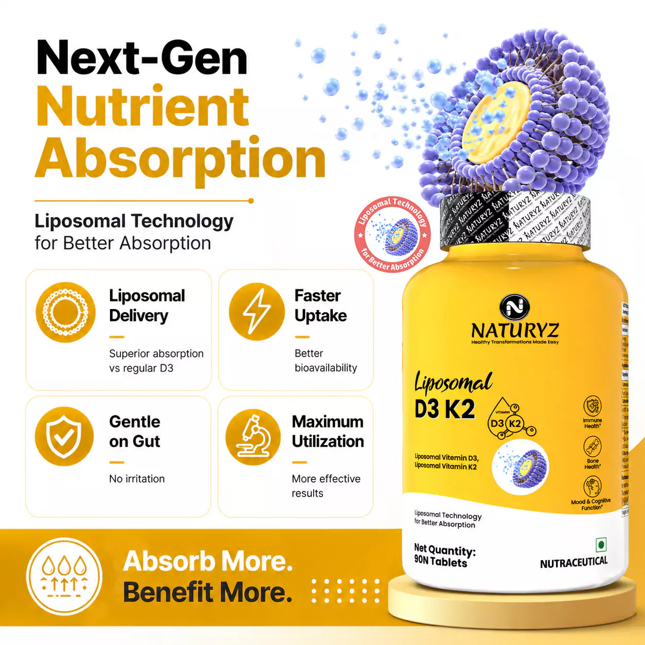 Liposomal Vitamin D3 K2 Supports Stronger Bones, Muscles, Immunity & Calcium Absorption - 90 Tablets