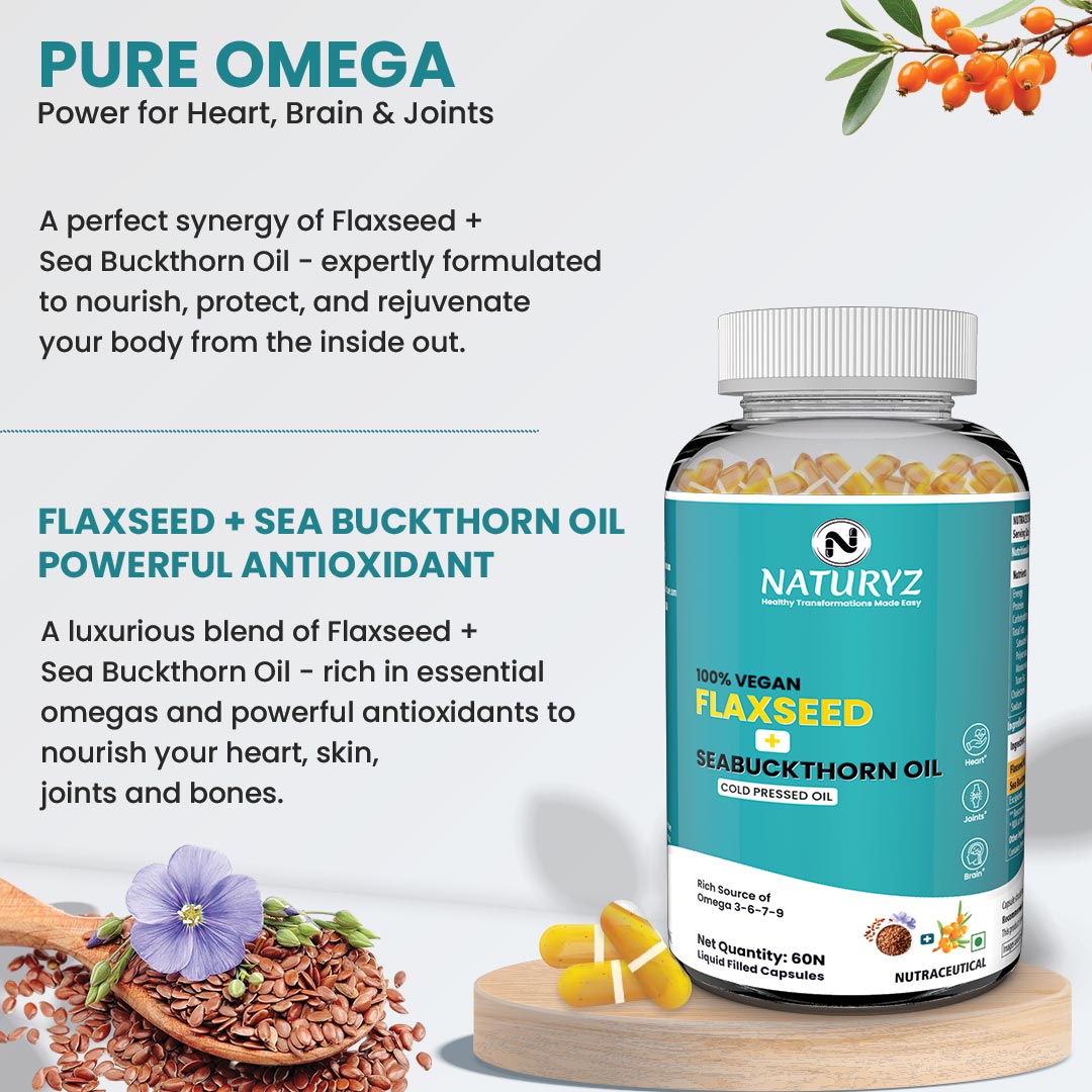 Vegetarian Omega 3 Flaxseed + Sea buckthorn Oil Capsules 1120mg 60 Liquid Fill Capsules