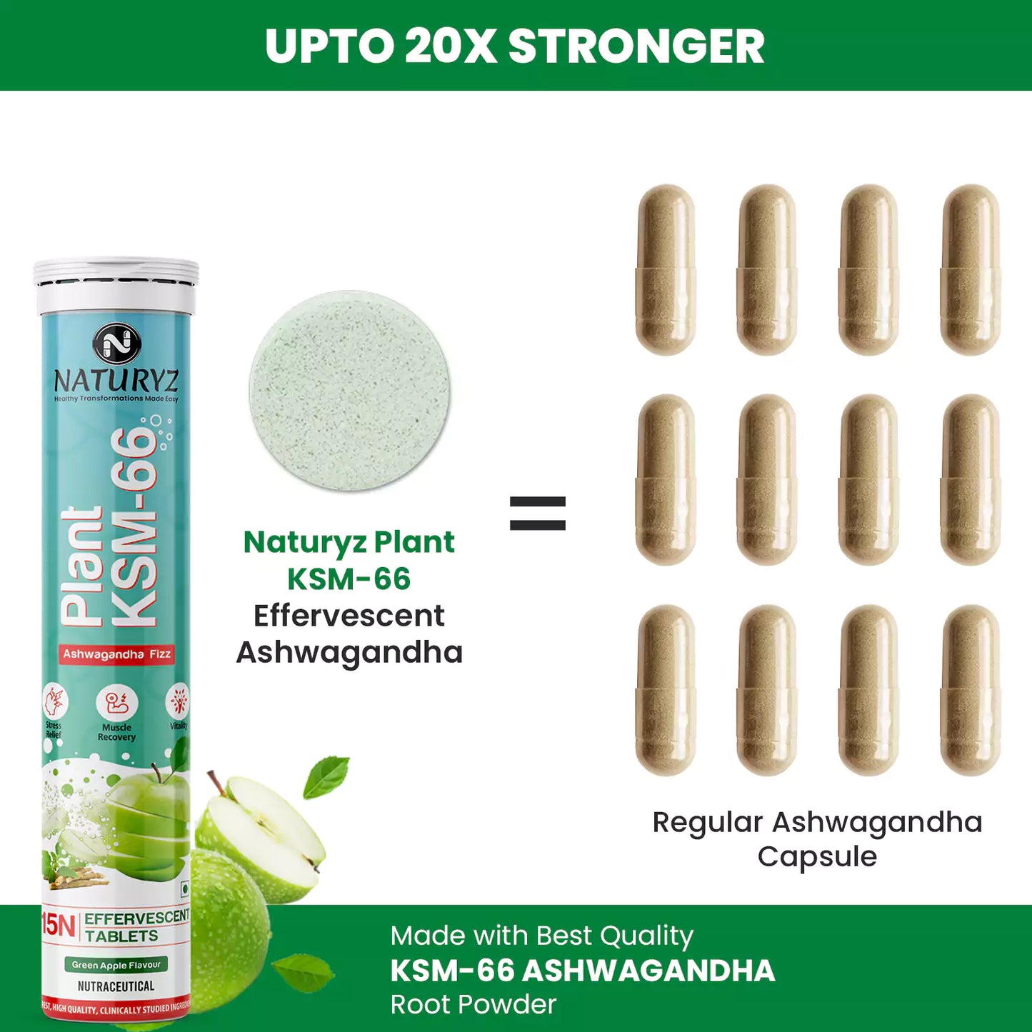 Plant KSM-66 For Muscle Recovery & Relieve Stress (Green Apple Flavour) - 15 Tablets