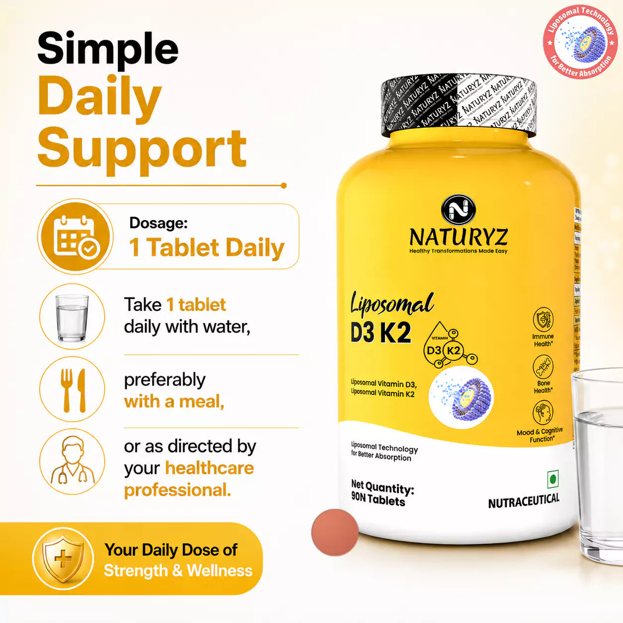 Liposomal Vitamin D3 K2 Supports Stronger Bones, Muscles, Immunity & Calcium Absorption - 90 Tablets