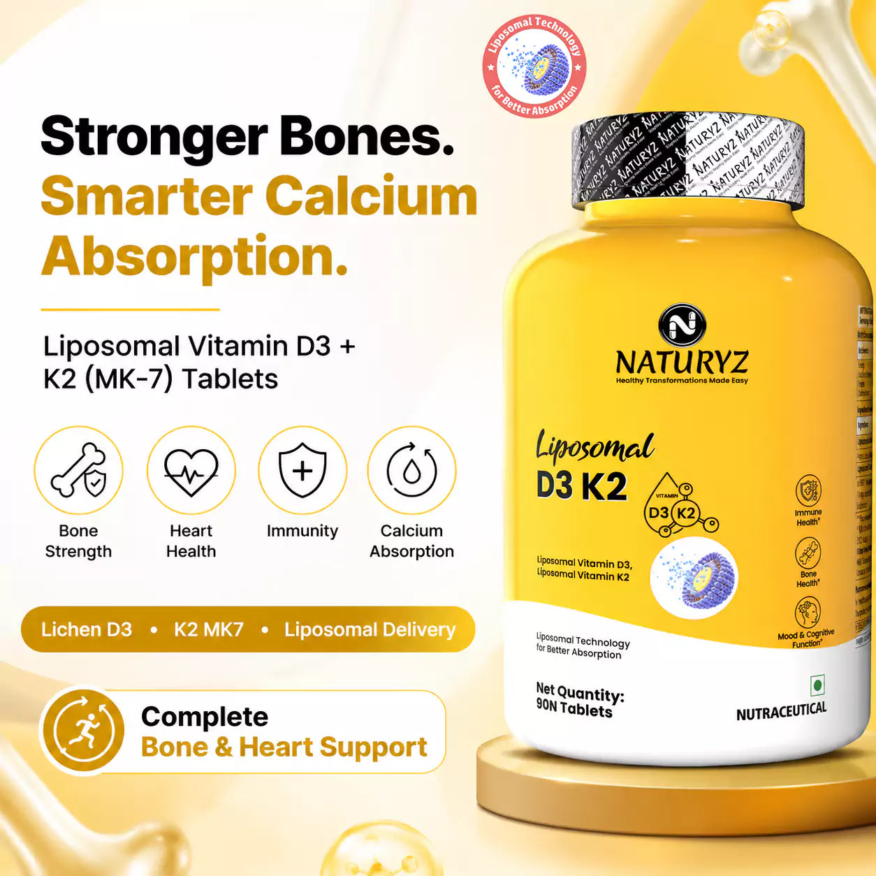 Liposomal Vitamin D3 K2 Supports Stronger Bones, Muscles, Immunity & Calcium Absorption - 90 Tablets