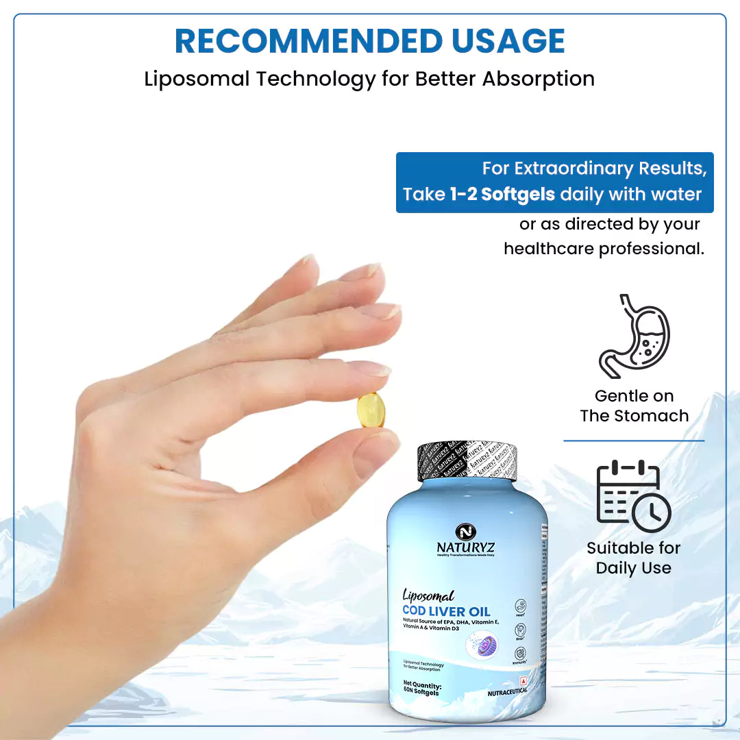 NATURYZ Liposomal Cod Liver Oil with Vitamins A, D3 & E | Daily Nutrition for Men & Women