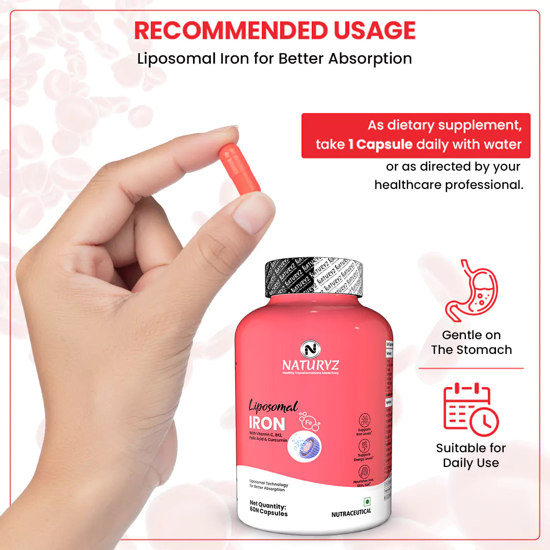 Liposomal Iron Capsules with Folic Acid, Vitamin B12, Vitamin C & Curcuma Longa | Iron Supplement for Men & Women