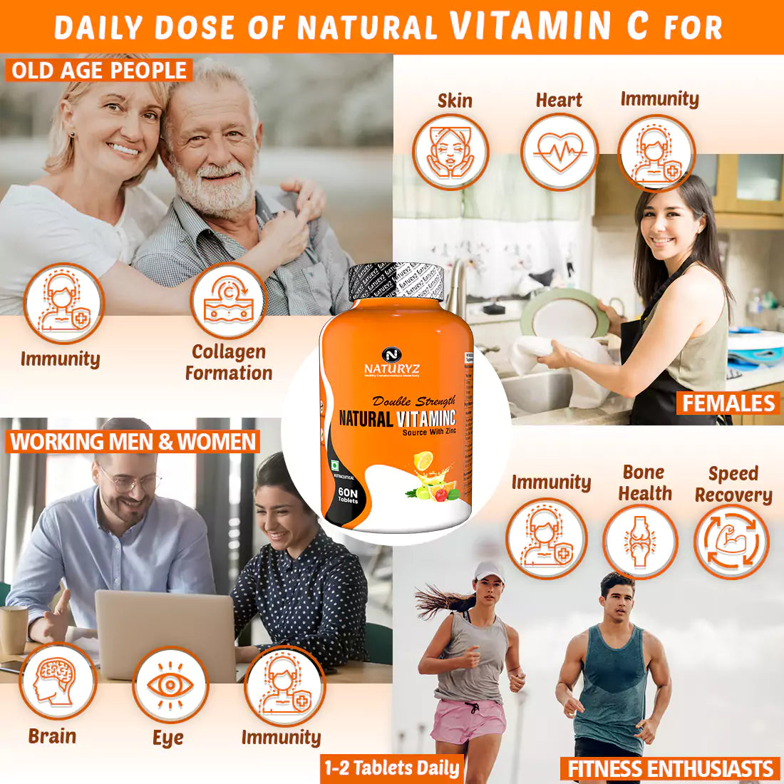 Double Strength NATURAL VITAMIN C With Zinc 60 Tablets